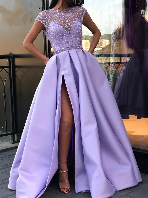 Round Neck Cap Sleeves Purple Lace Prom Dresses Long, Cap Sleeves Purple Long Lace Formal Graduation Evening Dresses,DS1777