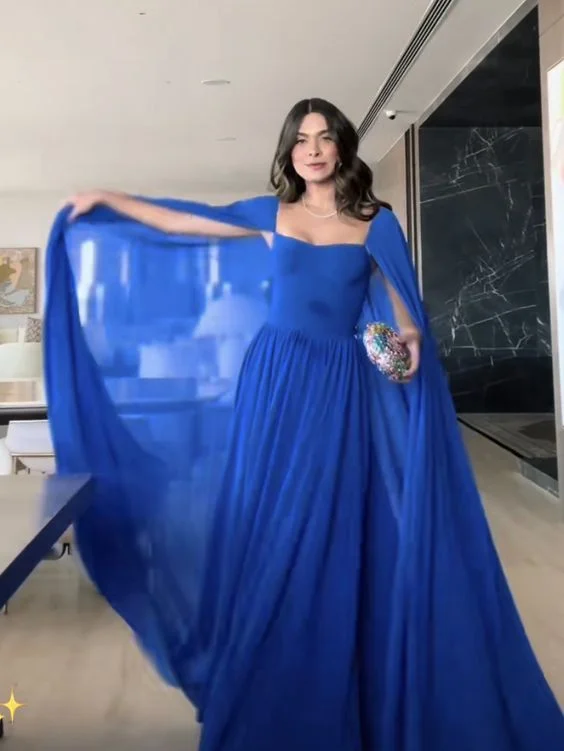 Royal Blue Cape Sleeves A-Line Long Formal Prom Dress Evening Gown, DP3439