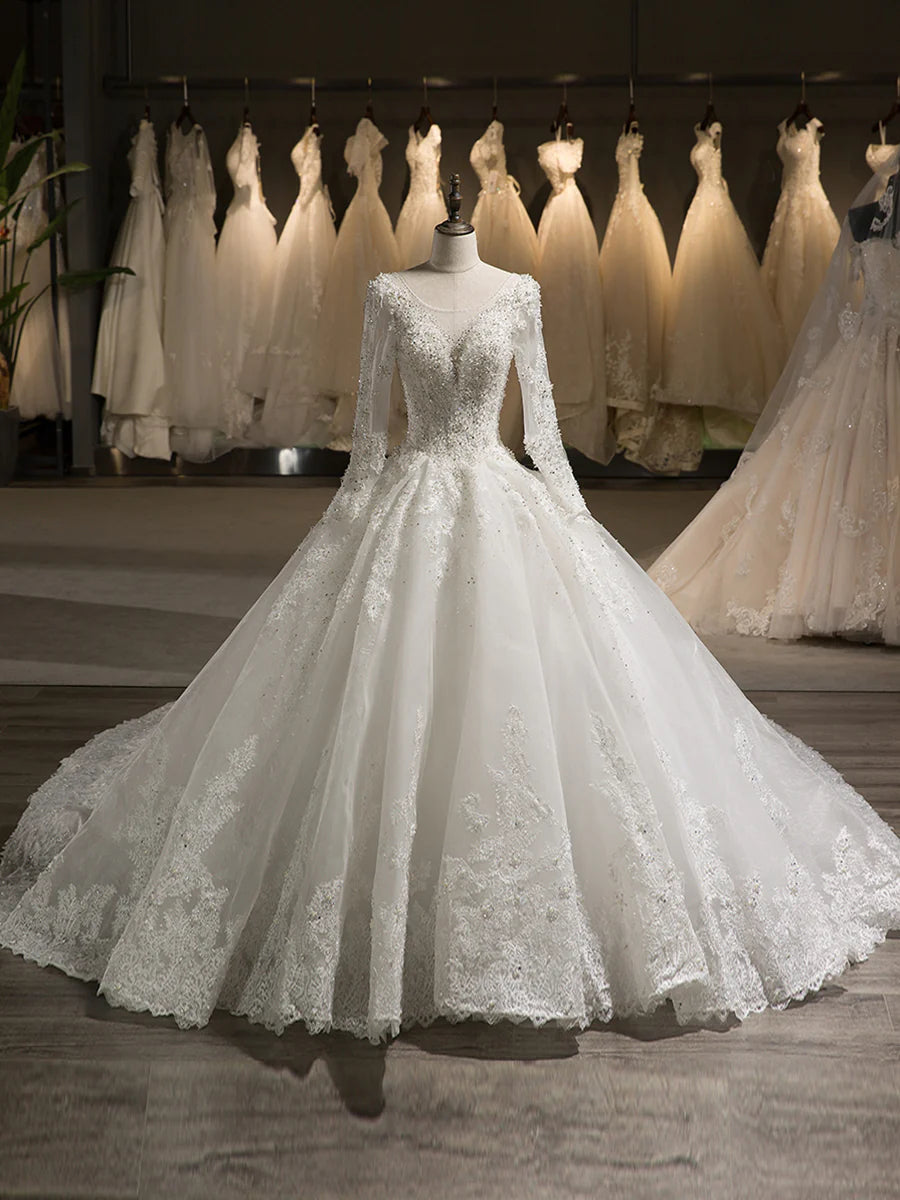 Scoop Long Sleeves Tulle Applique With Beading Chapel Train Ball Gown Wedding Dresses