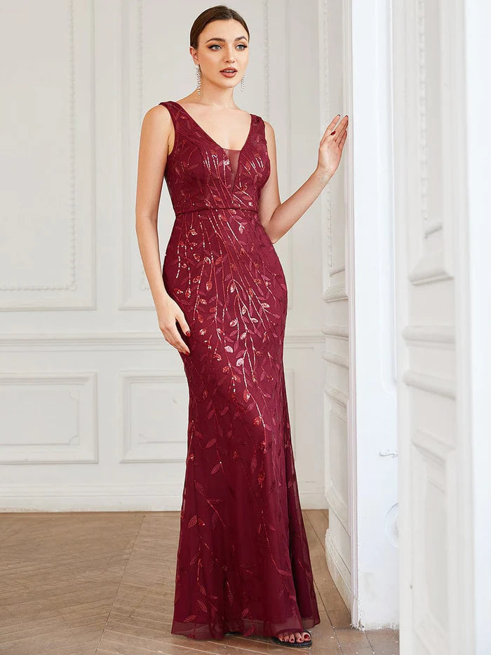 Sequin Sleeveless V-Neck Backless Bodycon Fishtail Evening Dress