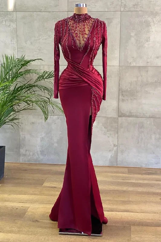 SEXY LONG SLEEVES BURGUNDY PROM DRESS LONG WITH SMALL ROUND COLLAR BEADING,DS3614