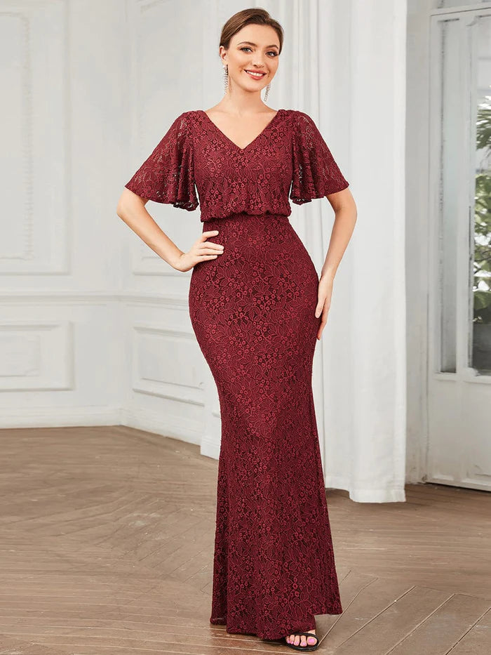 Short Cape Sleeve Embroidered Lace Bodycon Evening Dress