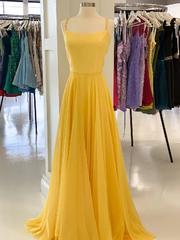 Simple yellow chiffon long prom dress, yellow formal dress,DS1957