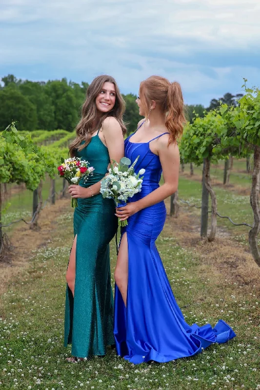 Spaghetti Straps Royal Blue Satin Mermaid Prom Dress