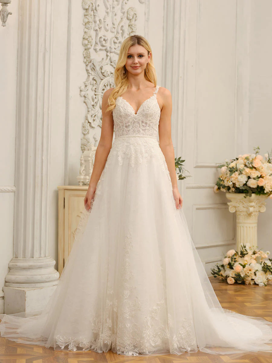 Spaghetti Straps V-Neck Sleeveless Long Wedding Dresses With Appliques