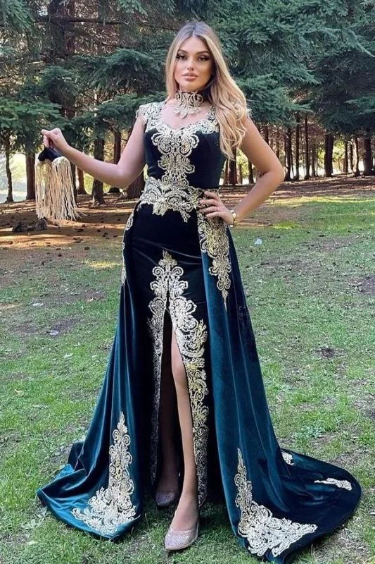 Stunning Velvet Evening Gown Sleeveless Gold Appliques Formal Dress with Detachable Train Side Slit,DS3727