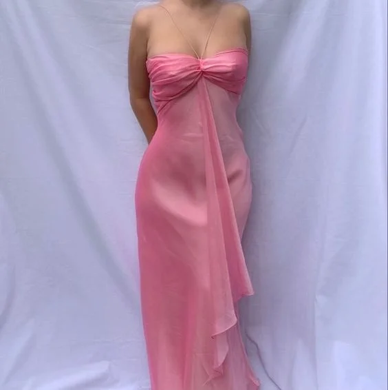 Sweet Pink Sweetheart Ruffle Vintage Chiffon Party Dress, DP2503