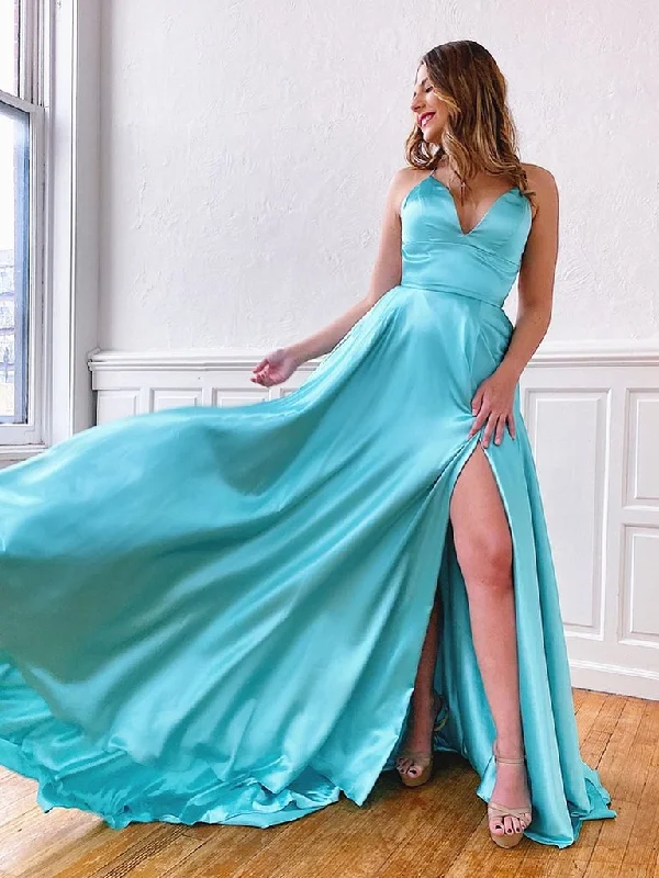 V Neck Aqua Backless Long Prom Dresses, Aqua Backless Long Formal Evening Graduation Dresses,DS1730