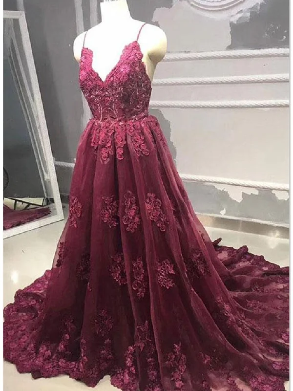 V Neck Burgundy Backless Lace Prom Dresses, Burgundy Backless Lace Evening Dresses,DS1787