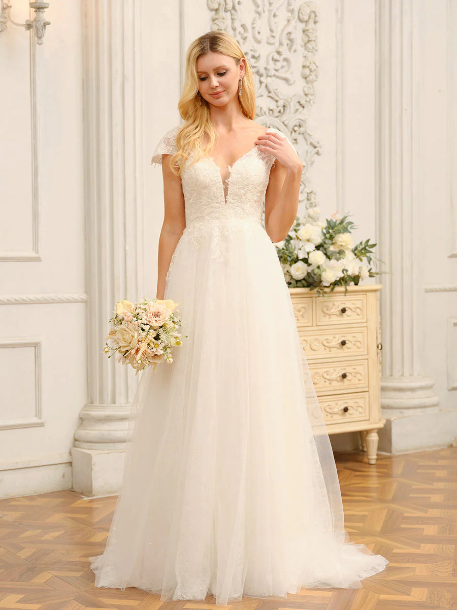 V-Neck Short Sleeves Long Wedding Dresses With Appliques