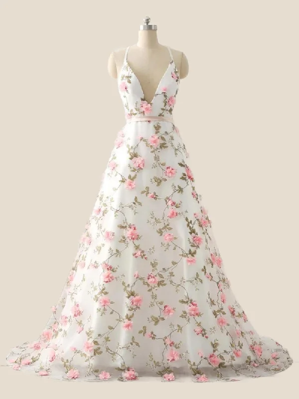 White Straps 3D Floral A-line Long Prom Dress