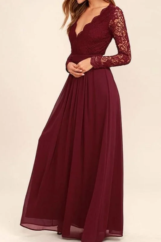 Burgundy Sleeve V-neck Backless Lace Top Chiffon Long Bridesmaid Prom Dress