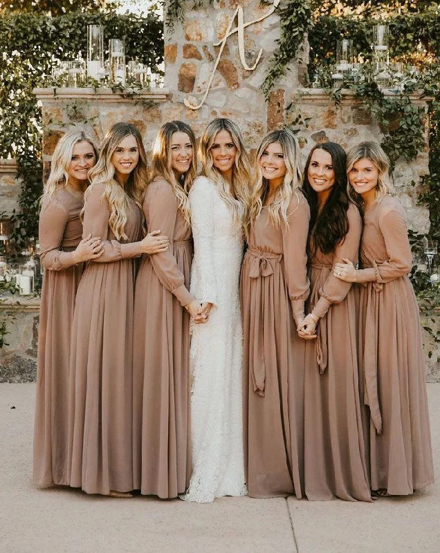 Elegant V Neck Long Bridesmaid Dresses with Full Sleeves