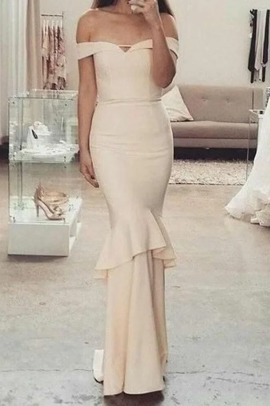 Fascinating Awesome Excellent Glamorous Beige Mermaid Off-the-Shoulder Long Bridesmaid Dress with Ruffles