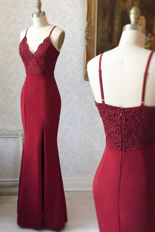 Fascinating Chic Best Burgundy Spaghetti Strap V Neck Mermaid Bridesmaid Long Prom Dress with Lace