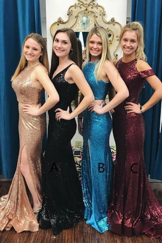 Glitter Sexy Mermaid Prom Sweep Train Sequined Long Bridesmaid Dress