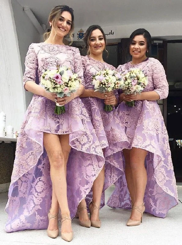 Hi Low Lace Lanvender Bridesmaid Dresses with Lace