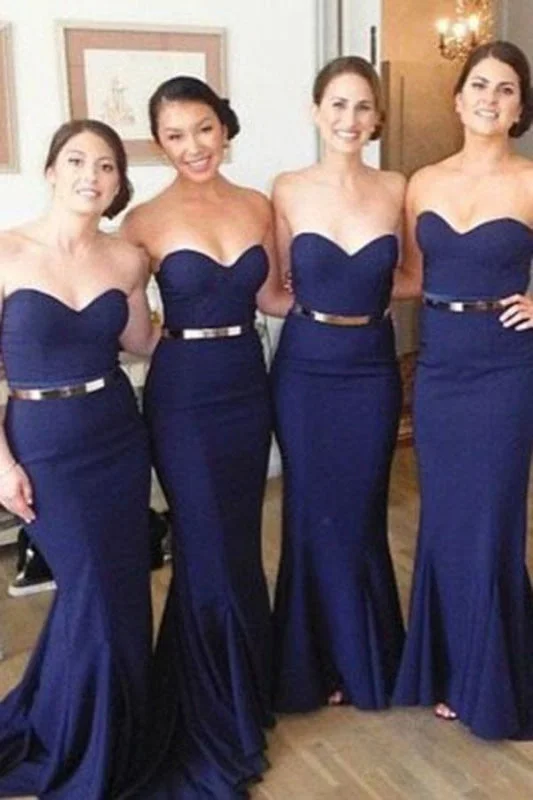 Latest Elegant Eye-catching Dark Blue Sweetheart Bridesmaid Dress Long Mermaid Strapless Prom Gown with Belt