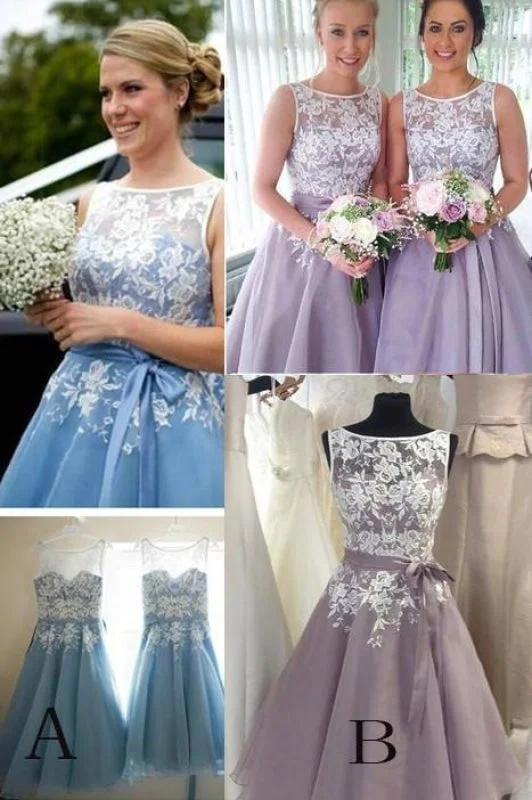 Lilac Lace Appliqued Sleeveless Bridesmaid Mini With Belt Short Prom Dress