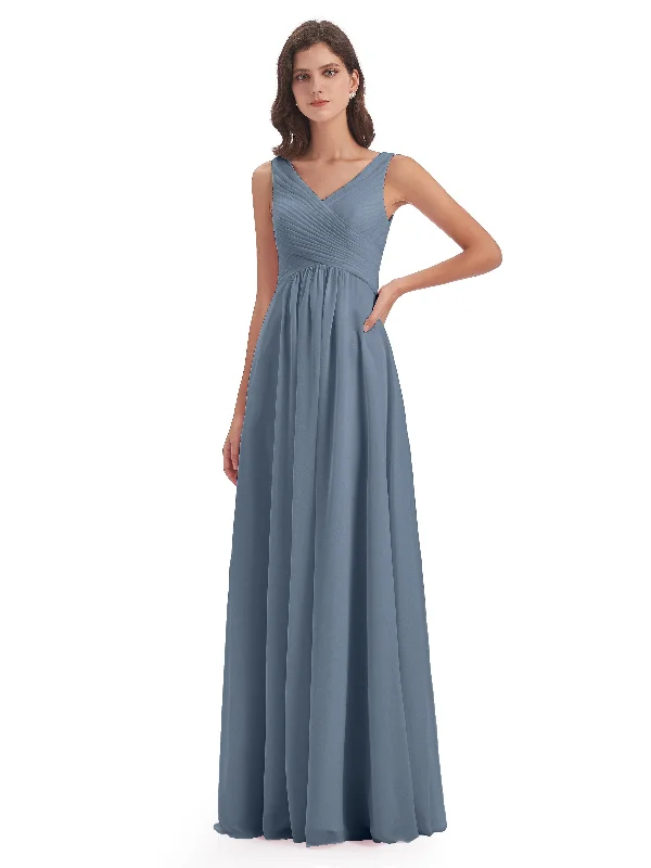 A-line V-neck Straps Floor-Length Chiffon Bridesmaid Dresses