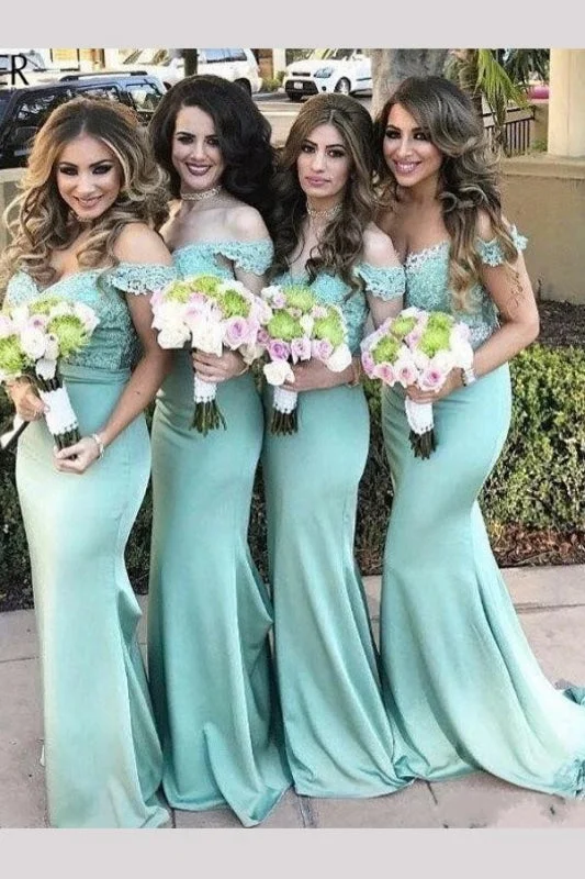 Modern Off the shoulder Mermaid Turquoise Long Bridesmaid Dress with Lace