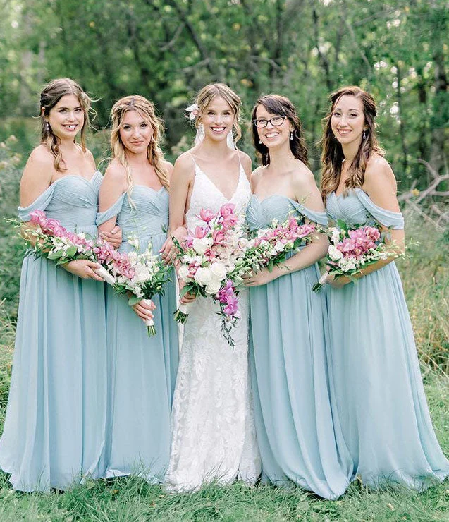 Off the Shoulder Chiffon Long Bridesmaid Dresses Under 100