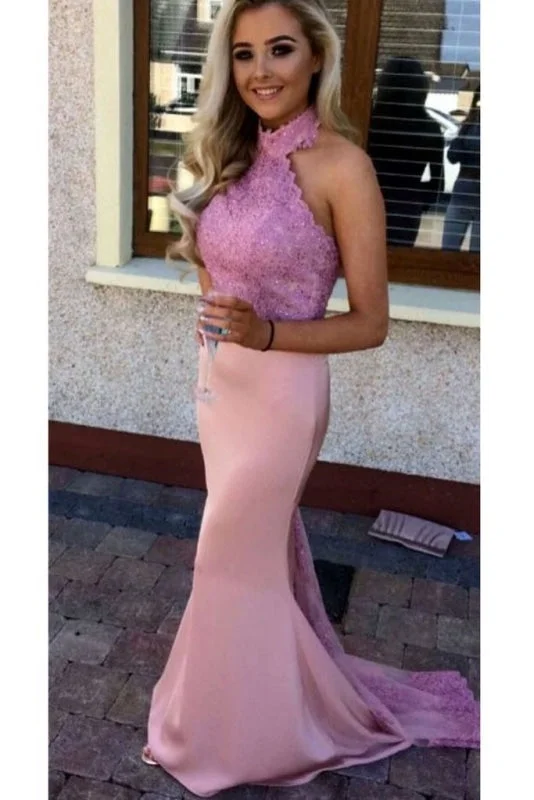 Pink High Neck Mermaid Sleeveless Prom with Lilac Lace Applique Bridesmaid Dress