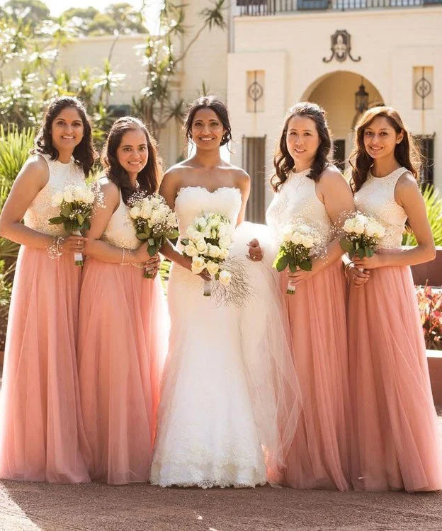 Pink Long Bridesmaid Dresses with Lace for Wedding Party