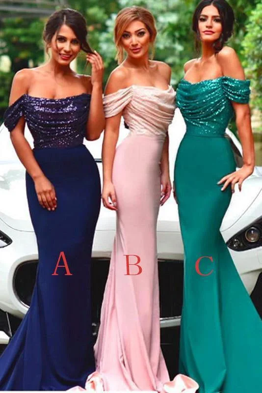 Precious Fascinating Latest Royal Blue Mermaid Off the Shoulder Sequin Long Prom Sexy Bridesmaid Dress