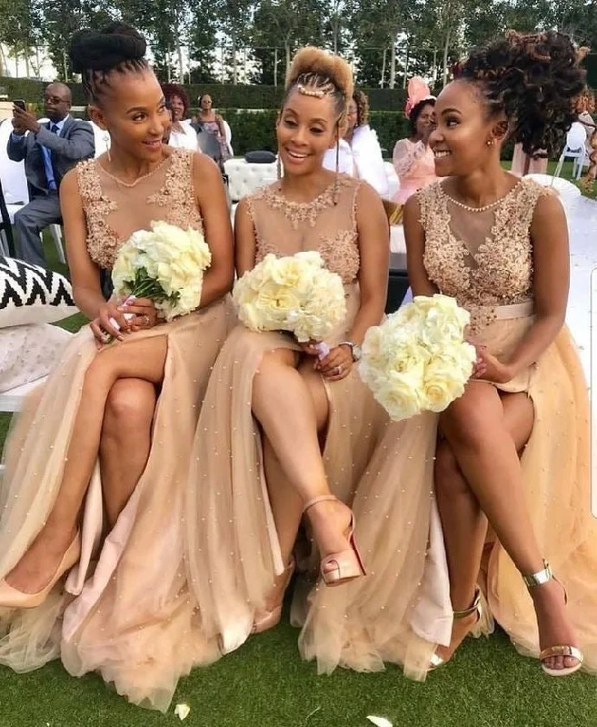 Sheer Neck Slit Side Bridesmaid Dresses with Appliques