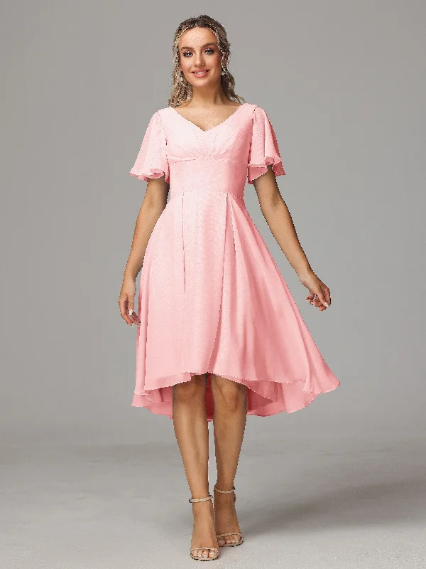 Short Sleeves V Neck Knee Length Chiffon Bridesmaid Dresses