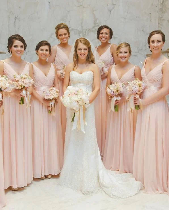 V Neck Chiffon Long Bridesmaid Dresses for Wedding Party