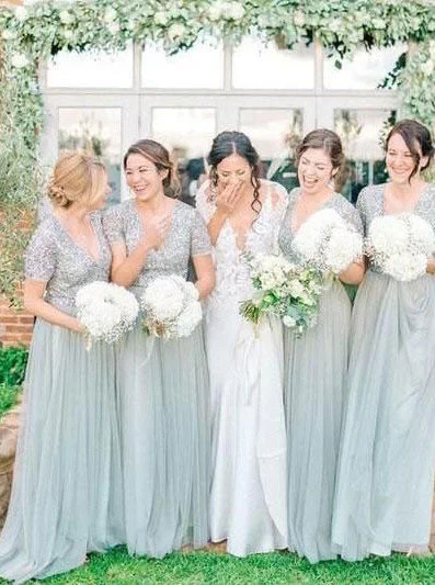 V Neck Long Bridesmaid Dresses with Short Sleeves