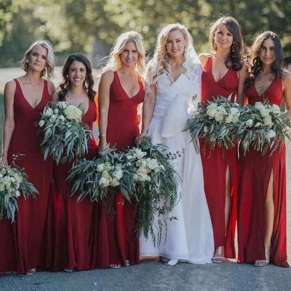 V Neck Red Slit Side Bridesmaid Dresses for Wedding Party