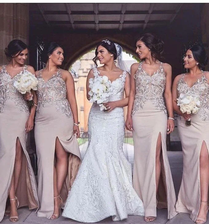 V Neck Split Side Bridesmaid Dresses with Appliques