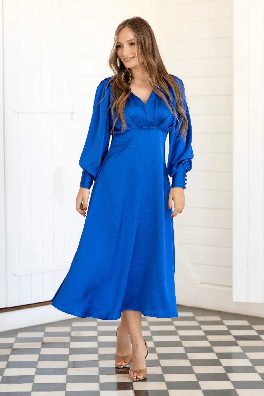 Azurine Cobalt Blue Satin-Feel Midi Dress With Long Sleeves