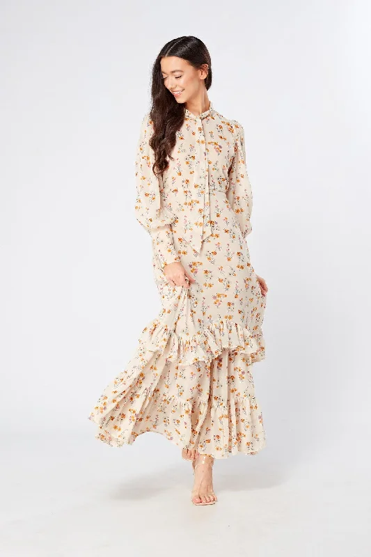 Rosalie High Neck Pussybow Beige Floral Midi Dress