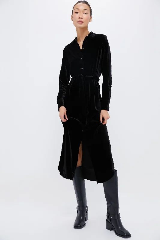 Black Stretch Silk Velvet Riley Midi Dress