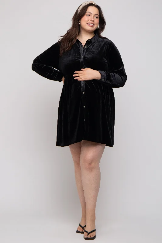 Black Velvet Button Down Maternity Plus Mini Dress