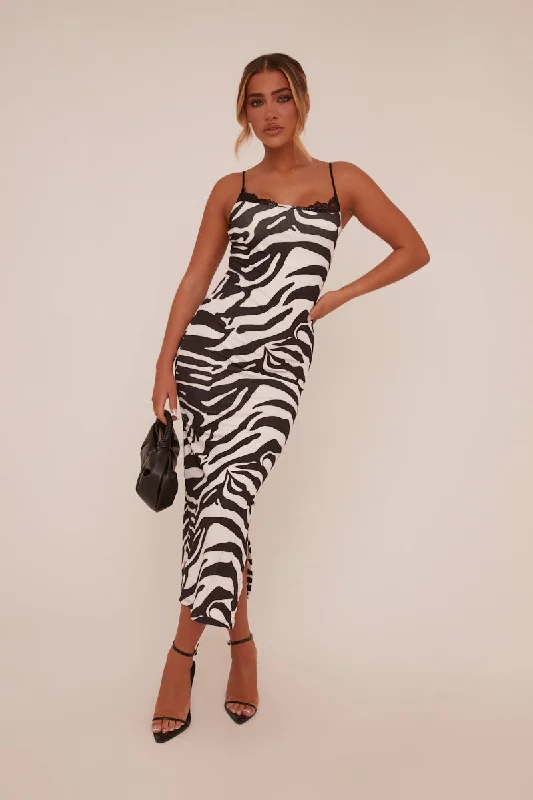 Black Zebra Print Lace Trim Maxi Dress - Kerry