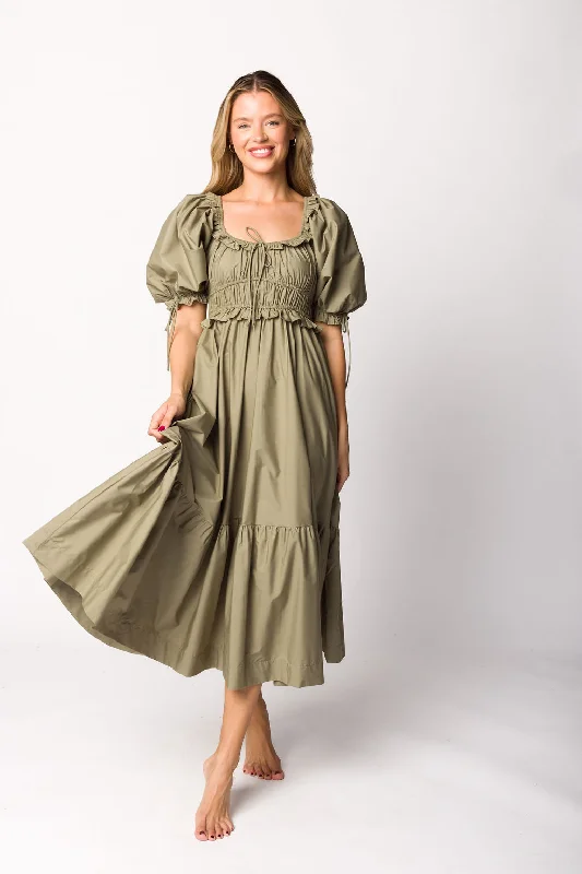 Crissy Ruched Midi Dress in Dusty Olive - Bump Friendly