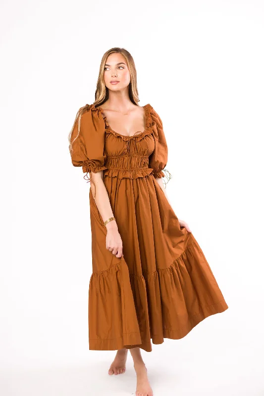 Crissy Ruched Midi Dress in Brown - Bump Friendly