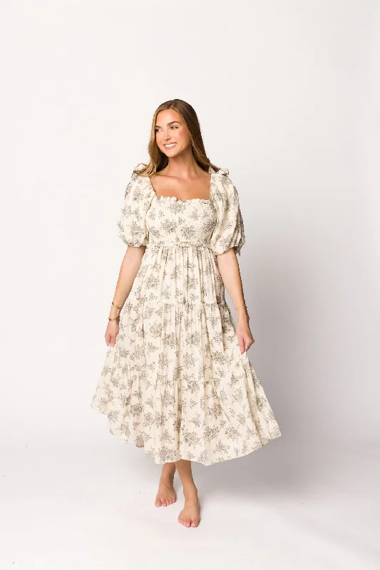 Elena Toile Print Smocked Midi Dress in Ivory