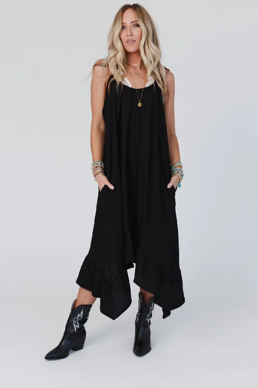 The Nest Ellie Ruffle Midi Dress - Black