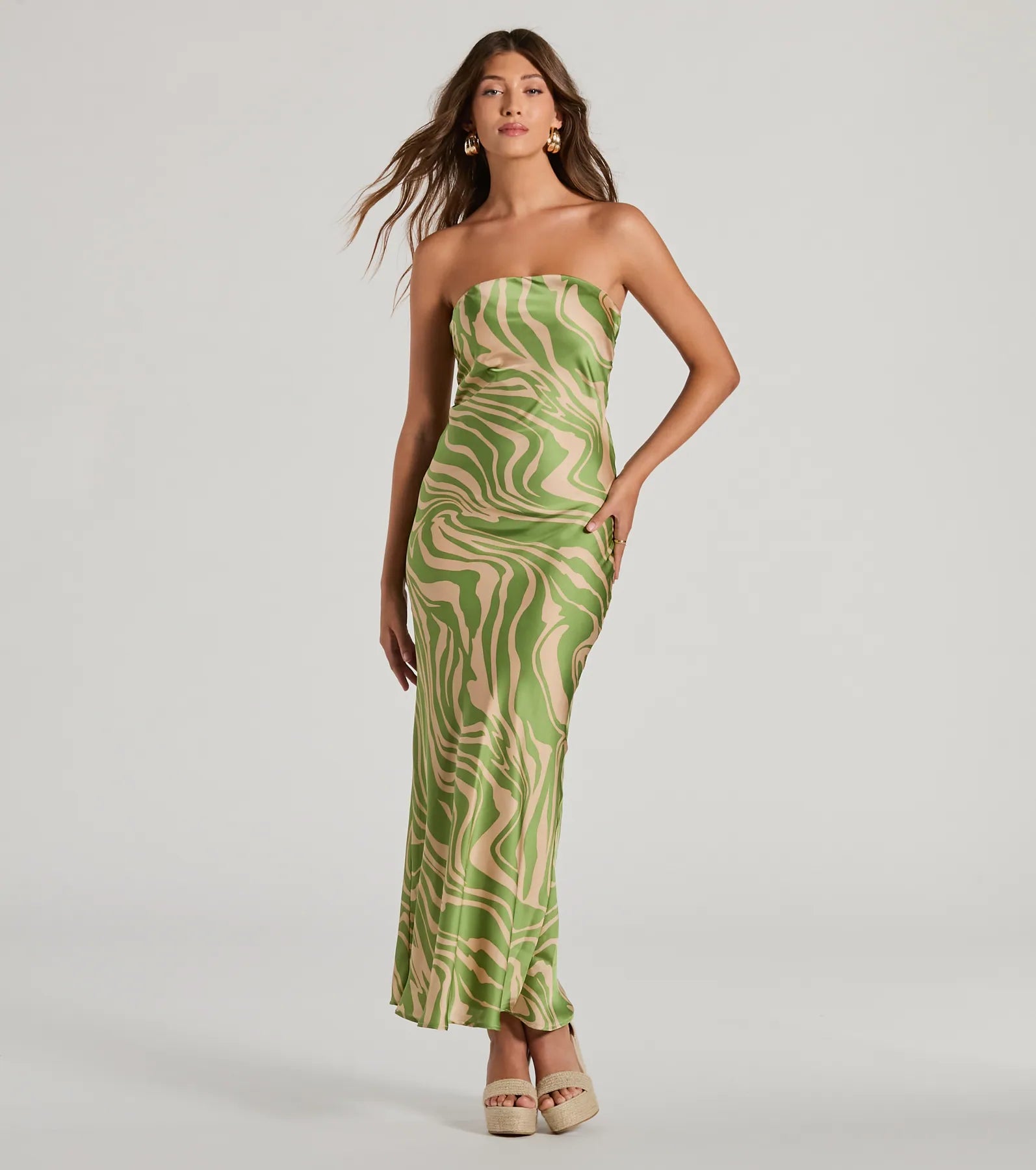 Fierce Stripes Strapless Zebra Print Satin Maxi Dress