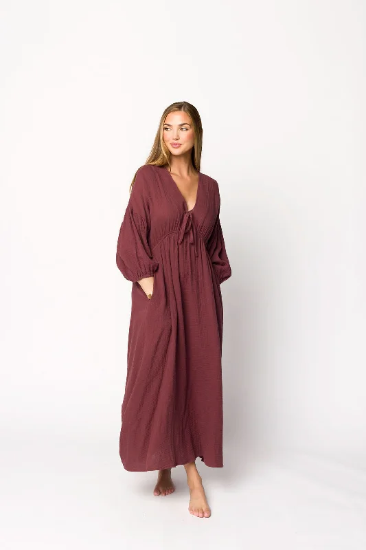 Hunter 100% Cotton Gauze Midi Dress in Redwood (Plum) - Restocking Early Dec