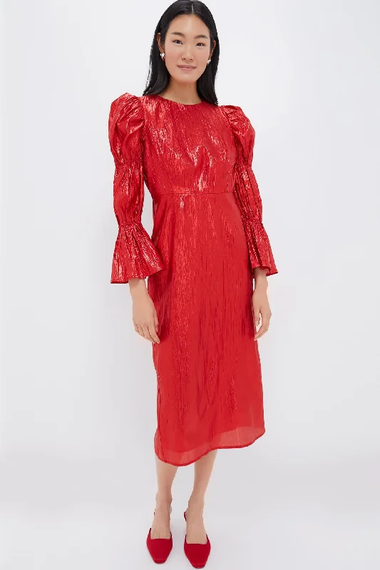 Red Metallic Plisse Puff Sleeve Darcy Midi Dress