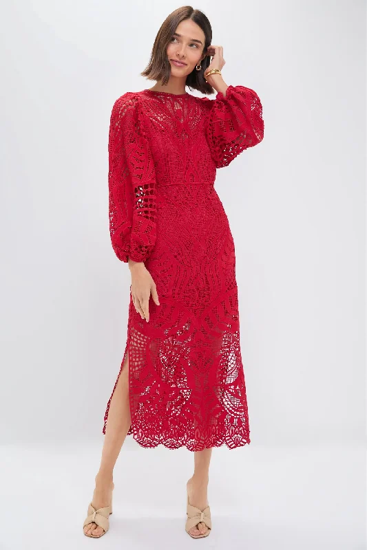 Red Nature Guipure Midi Dress