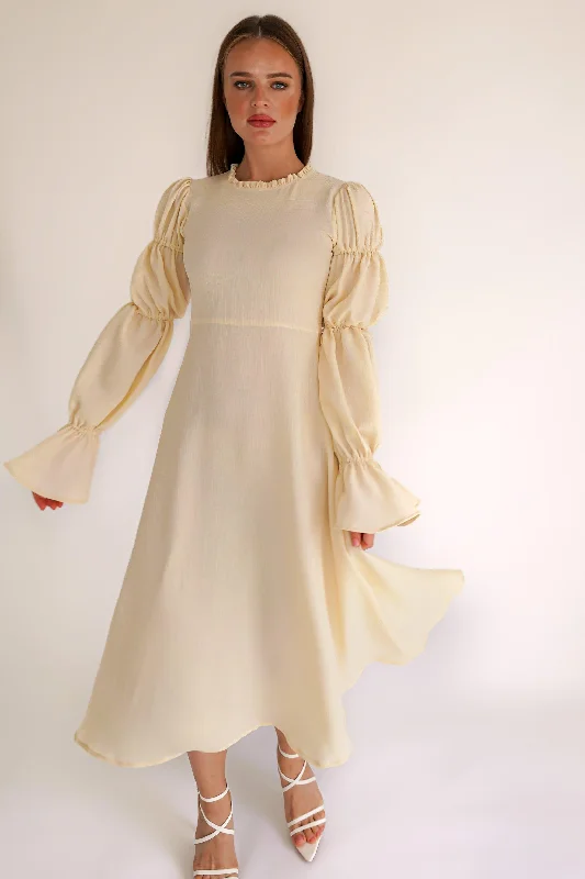 Samara Pale Yellow Puff Sleeves Midi Dress