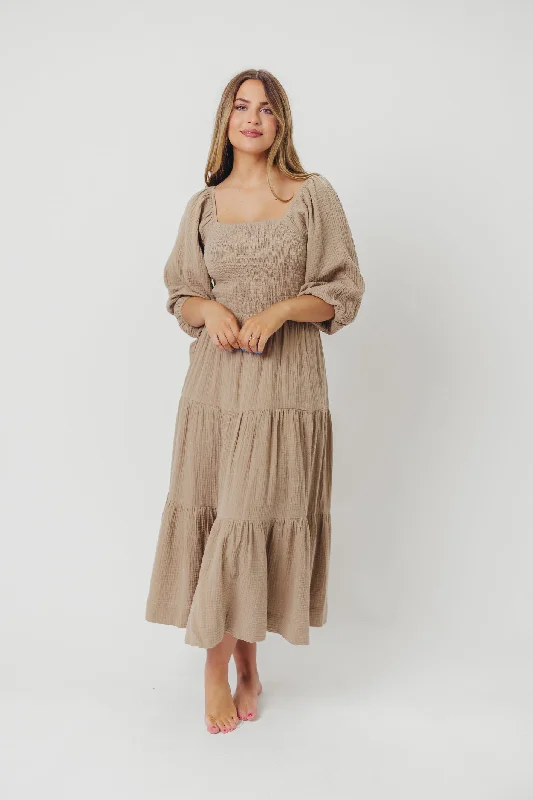 Taylor Cotton Smocked Midi Dress with Tiered Skirt in Pumice - Inclusive Sizing